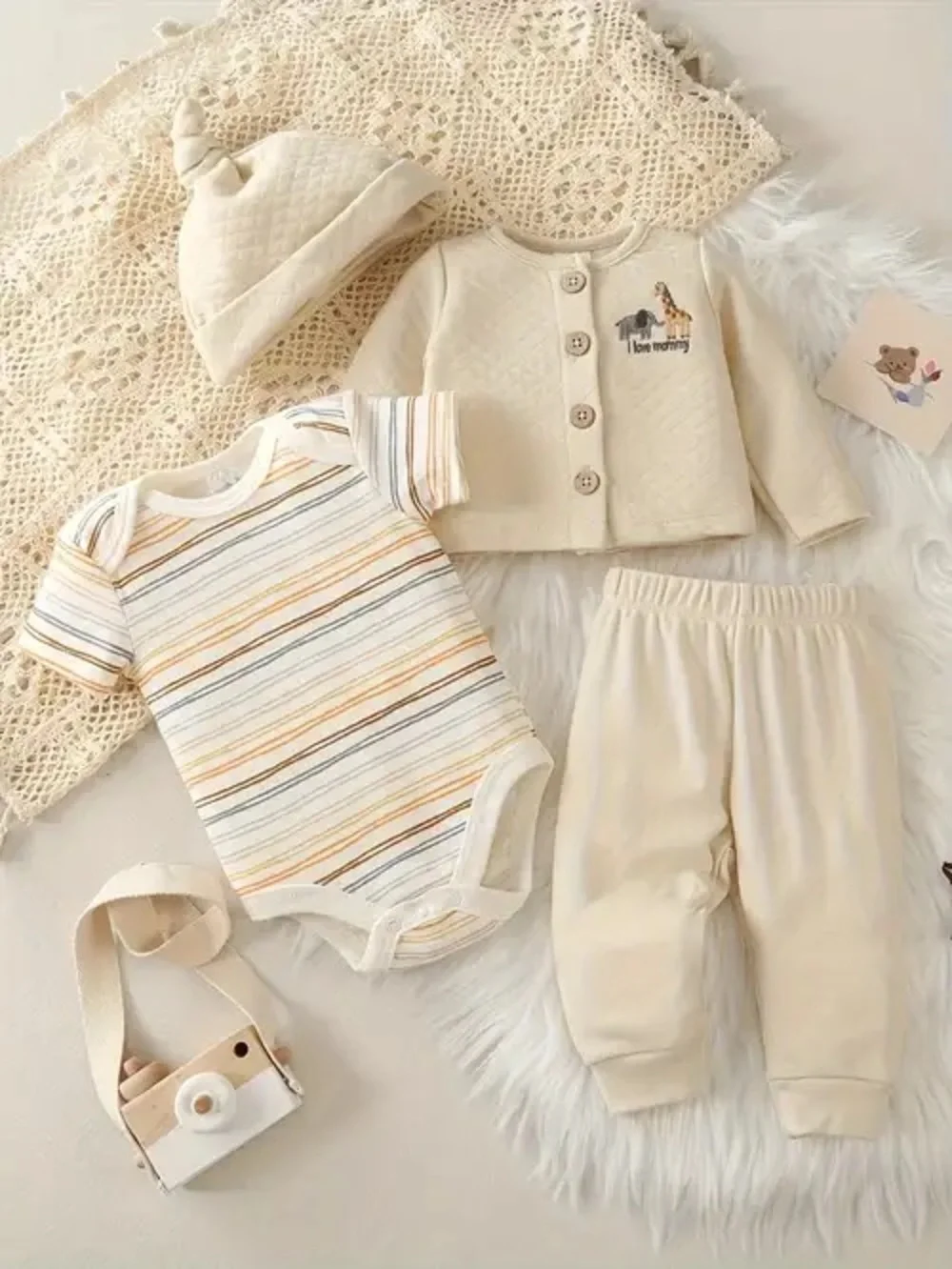 Boutique Style Quilted Striped Autumn Knot Hat 4pcs Outfit Wooden Buttons Beige